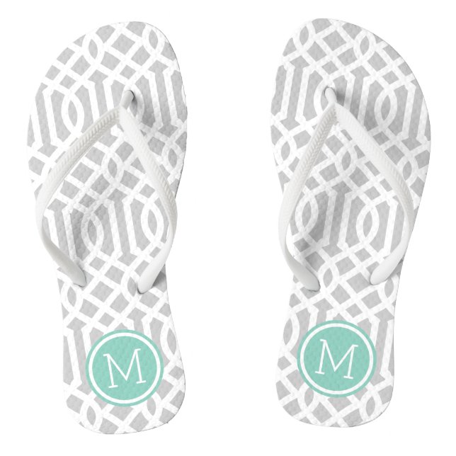 Grey and Aqua Trellis Monogram Thongs (Footbed)