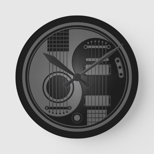 Grey and Black Acoustic Electric Guitars Yin Yang Round Clock (Front)