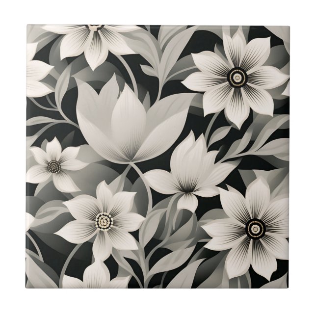 Grey And Black Botanical Pattern Ceramic Tile (Front)