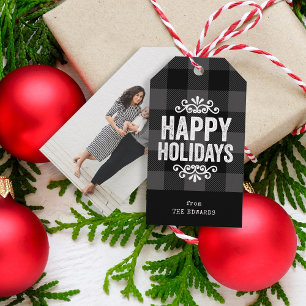 Grey and Black Buffalo Check Rustic Holiday Photo Gift Tags