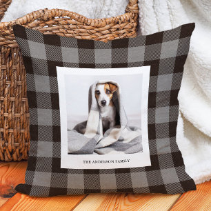 Grey and Black Buffalo Plaid   Family Photo Cushion