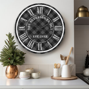 Grey And Black Buffalo Plaid Rustic Roman Numeral Large Clock