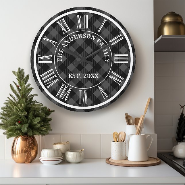 Grey And Black Buffalo Plaid Rustic Roman Numeral Large Clock (Creator Uploaded)