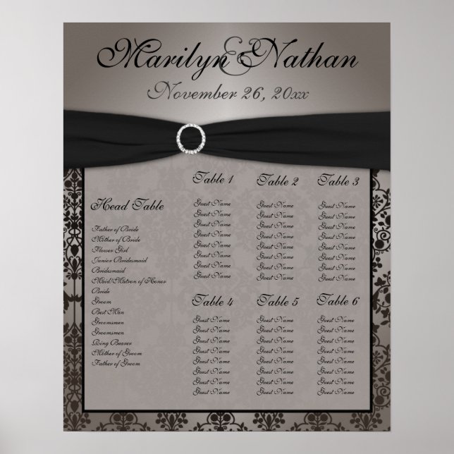 Grey and Black Damask Reception Seating Chart (Front)