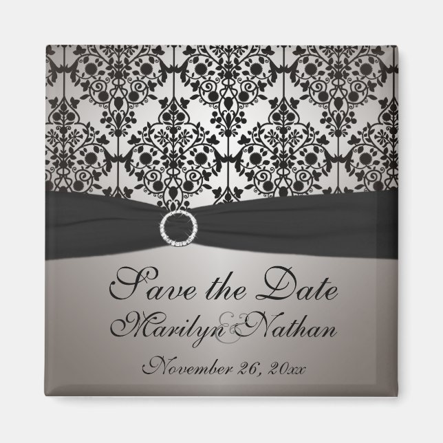 Grey and Black Damask Wedding Favour Magnet (Front)