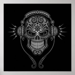 Grey and Black DJ Sugar Skull Poster