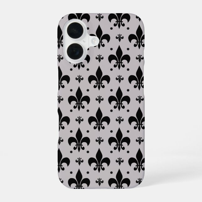 Grey and Black Fleur-de-lis Pattern Design  iPhone 16 Case (Back)