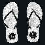 Grey and Black Floral Damask Monogram Thongs<br><div class="desc">Custom printed flip flop sandals with a stylish elegant floral damask pattern and your custom monogram or other text in a circle frame. Click Customise It to change text fonts and colours or add your own images to create a unique one of a kind design!</div>