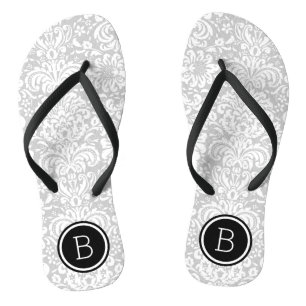 Grey and Black Floral Damask Monogram Thongs