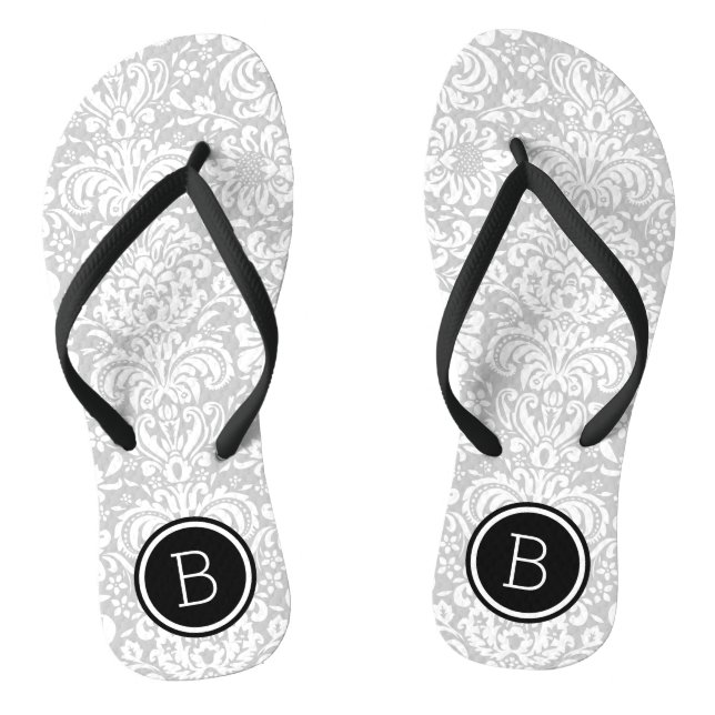 Grey and Black Floral Damask Monogram Thongs (Footbed)