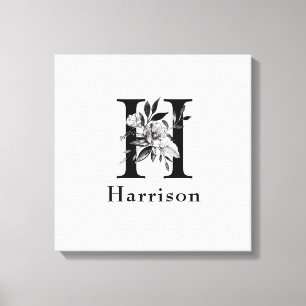 Grey and Black  Floral Monogram Letter H Custom Canvas Print