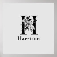 Grey and Black Floral Monogram Letter H Custom