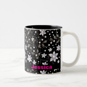 Grey and Black Floral Pattern Two-Tone Coffee Mug