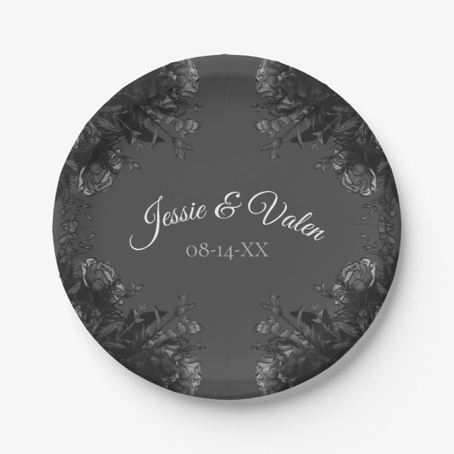 Grey and black floral wedding paper plate (Front)