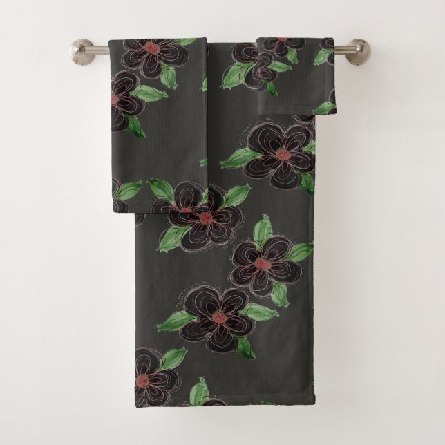 Grey And Black Flowered Bath Towel Set (Insitu)