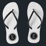 Grey and Black Greek Key Monogram Thongs<br><div class="desc">Custom printed flip flop sandals with a stylish modern Greek key pattern and your custom monogram or other text in a circle frame. Click Customise It to change text fonts and colours or add your own images to create a unique one of a kind design!</div>