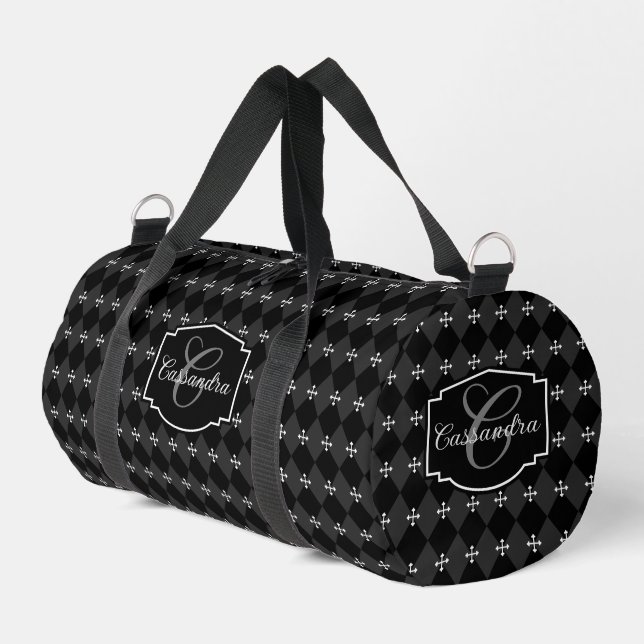 Grey and Black Harlequin and Gothic Cross  Duffle Bag (Left Corner)
