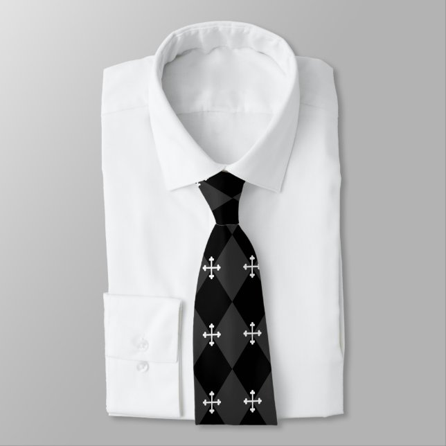 Grey and Black Harlequin and Gothic Cross Tie (Tied)