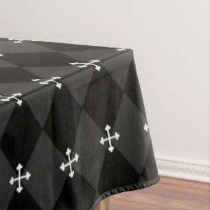 Grey and Black Harlequin Design with Gothic Cross Tablecloth