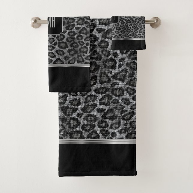 Grey and Black Leopard Pattern with Monogram Bath Towel Set (Insitu)