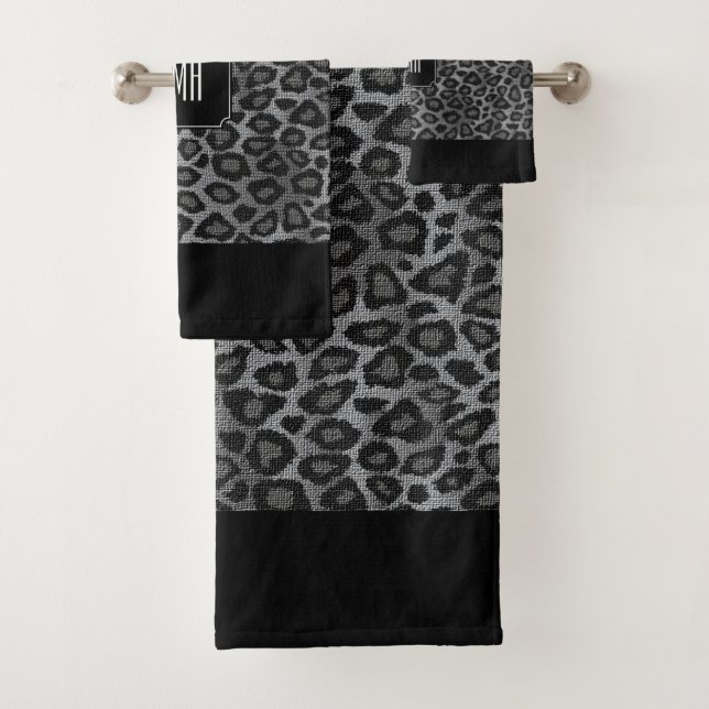 Grey and Black Leopard Pattern with Monogram Bath Towel Set (Insitu)