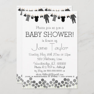 Grey and Black Little Clothes Baby Shower Invitation