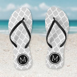 Grey and Black Moroccan Quatrefoil Monogram Thongs<br><div class="desc">Custom printed flip flop sandals with a stylish Moroccan quatrefoil pattern and your custom monogram or other text in a circle frame. Click Customise It to change text fonts and colours or add your own images to create a unique one of a kind design!</div>