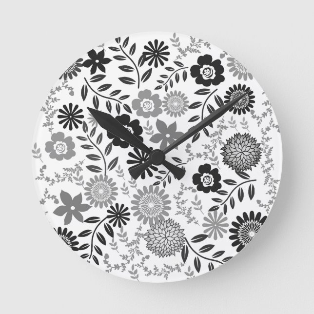Grey and black pattern floral round clock (Front)