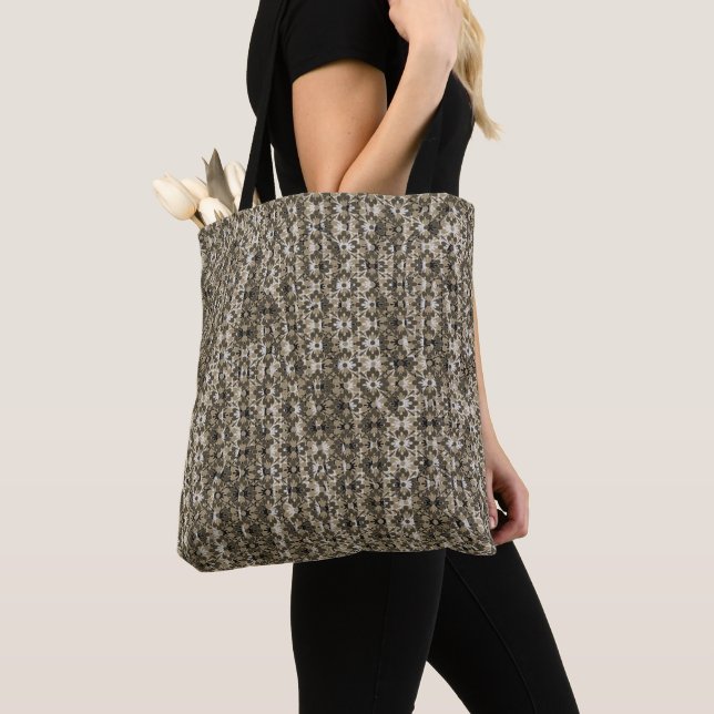 Grey and Black Patterned Flowers Tote Bag (Close Up)