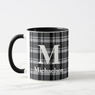 Grey and Black Plaid with Monogram Name  Mug