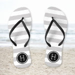 Grey and Black Preppy Stripes Monogram Thongs<br><div class="desc">Custom printed flip flop sandals with a preppy nautical stripe pattern and your custom monogram or other text in a circle frame. Click Customise It to change text fonts and colours or add your own images to create a unique one of a kind design!</div>