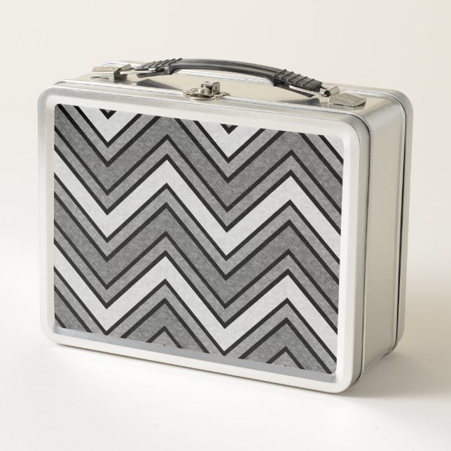 Grey and black sketch chevron metal lunch box (Front)