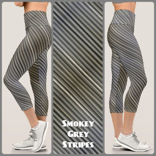Grey and Black Smokey Monochromatic Stripes Chic Capri Leggings