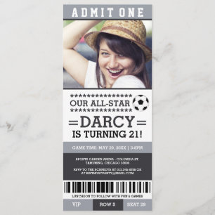 Grey and Black Soccer Ticket Birthday Invites