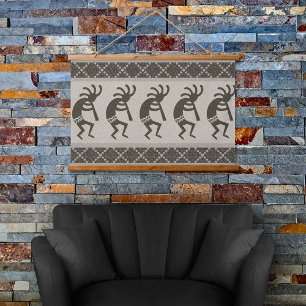 Grey And Black Southwest Kokopelli Aztec Pattern Hanging Tapestry