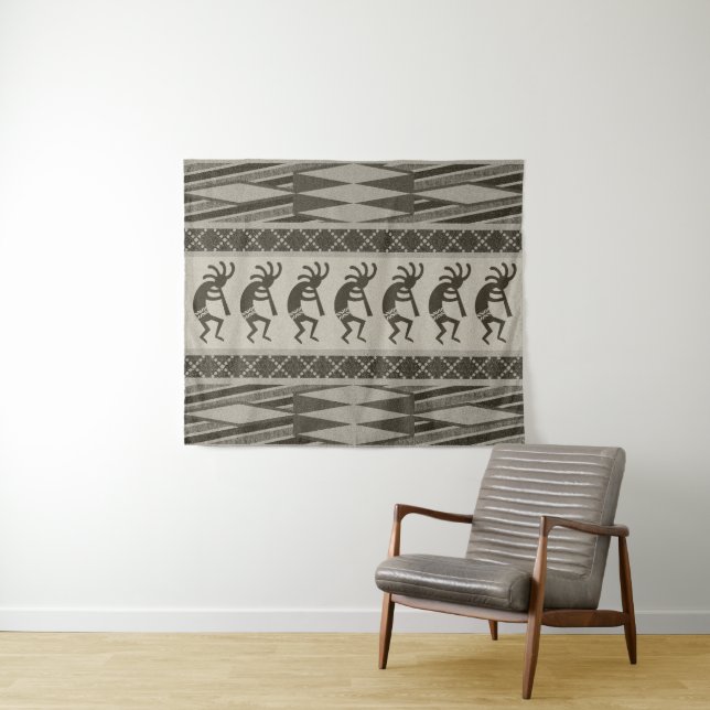 Grey And Black Southwest Kokopelli Aztec Pattern Tapestry (In Situ (Horizontal))