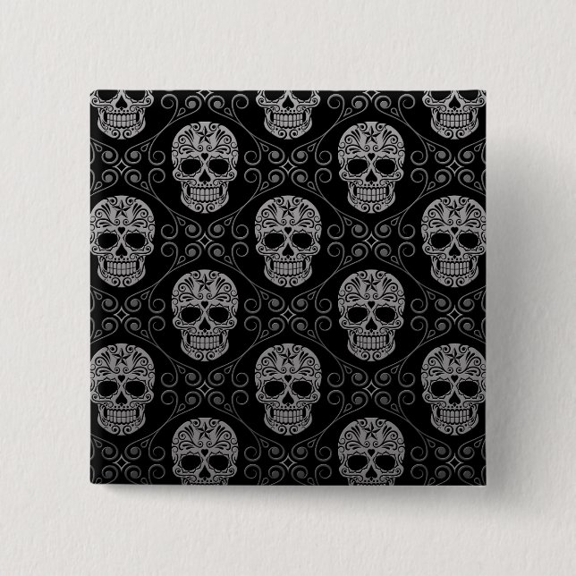 Grey and Black Sugar Skull Pattern 15 Cm Square Badge (Front)
