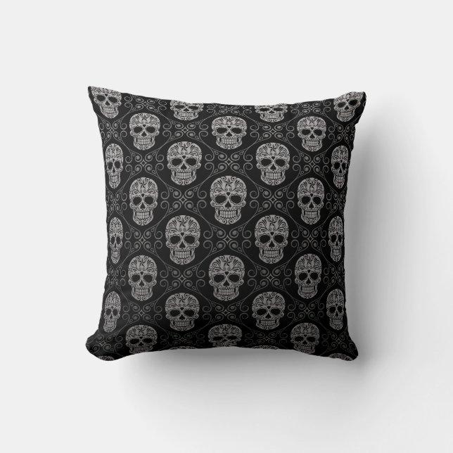 Grey and Black Sugar Skull Pattern Cushion (Front)