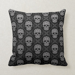 Grey and Black Sugar Skull Pattern Cushion