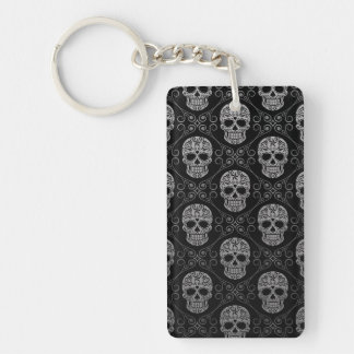 Grey and Black Sugar Skull Pattern Key Ring