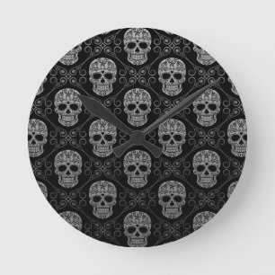 Grey and Black Sugar Skull Pattern Round Clock