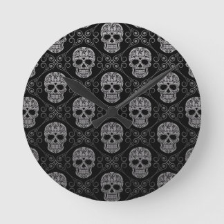 Grey and Black Sugar Skull Pattern Round Clock