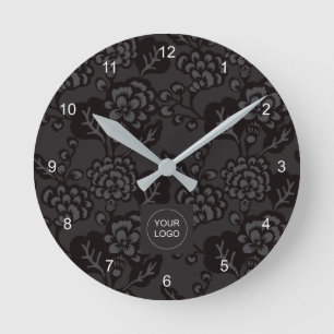 Grey and Black Vibrant and Bold Floral Pattern Round Clock
