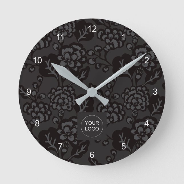 Grey and Black Vibrant and Bold Floral Pattern Round Clock (Front)