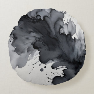 Grey and Black Watercolor Abstract Round Cushion