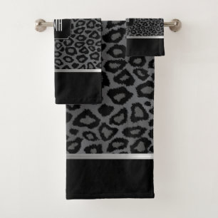Grey and Black Wild Leopard Pattern with Monogram Bath Towel Set