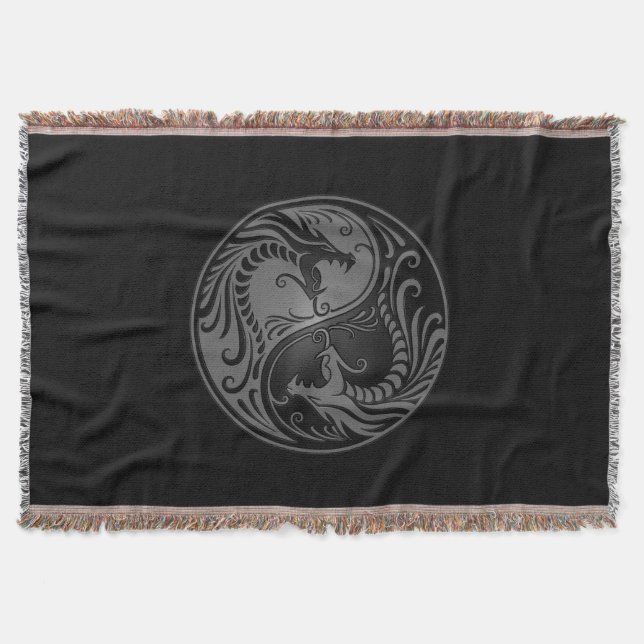 Grey and Black Yin Yang Dragons Throw Blanket (Front)