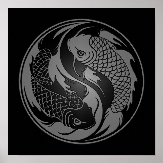 Grey and Black Yin Yang Koi Fish Poster (Front)