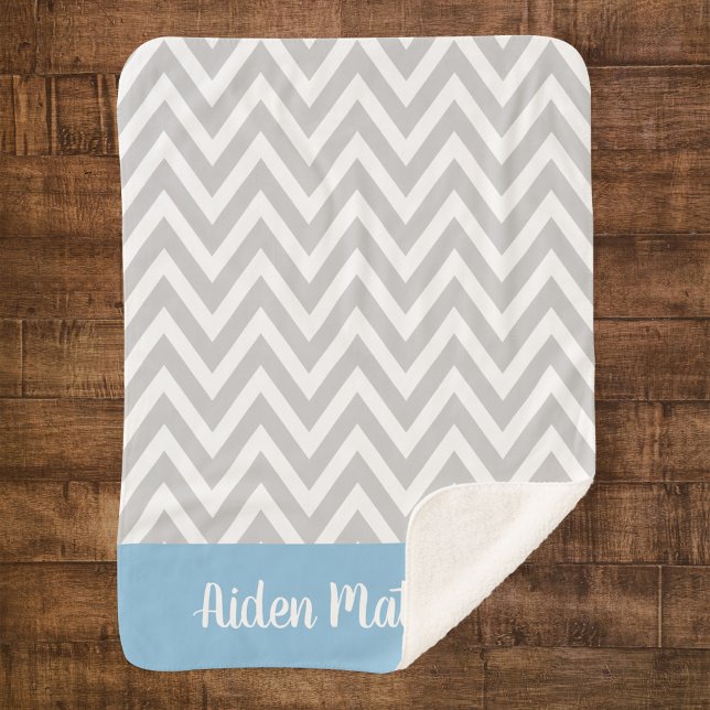 Grey and Blue Chevron Baby Name Monogrammed Sherpa Blanket (Creator Uploaded)