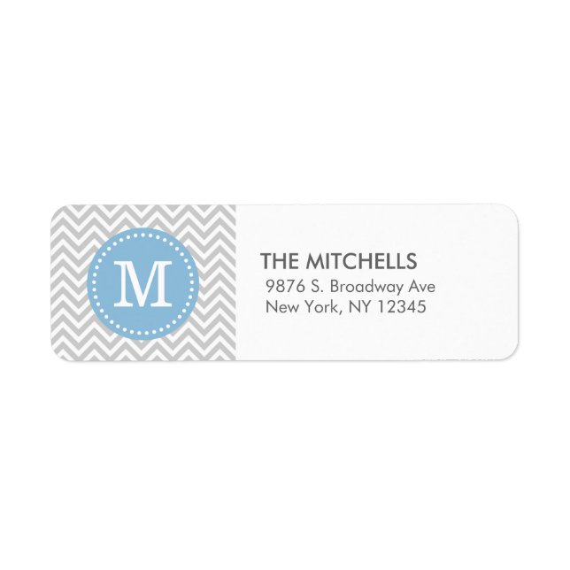Grey and Blue Chevron Monogram Return Address Label (Front)
